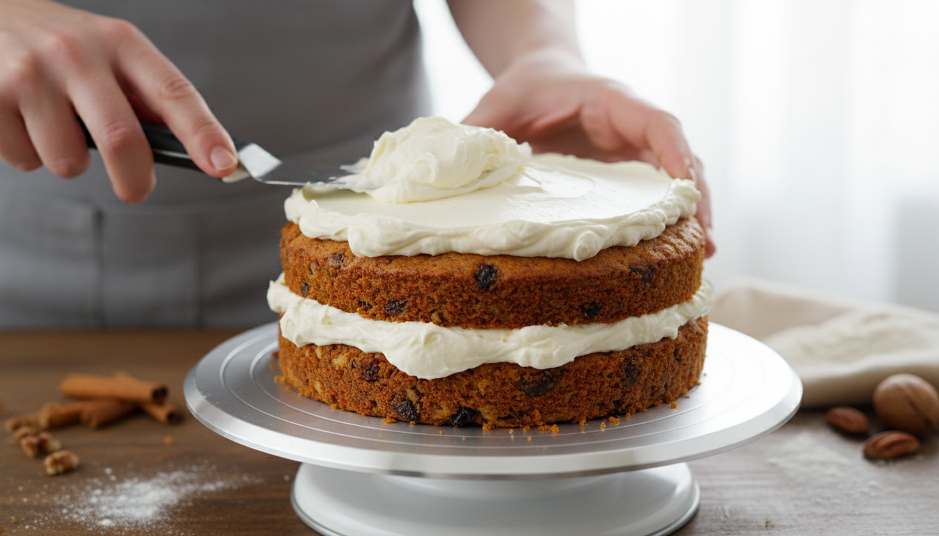 Spreading cream cheese frosting on carrot cake layers