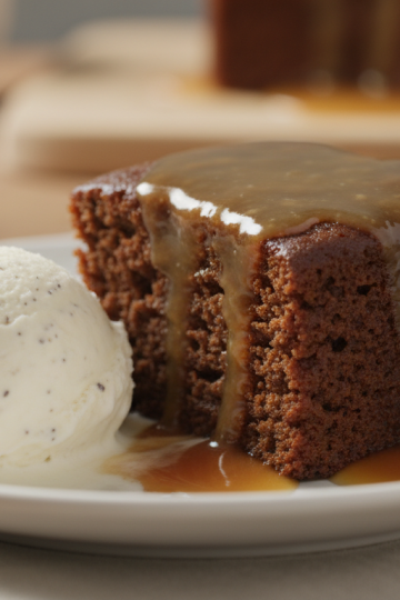 Sticky toffee pudding on a plate drenched in warm toffee sauce with vanilla ice cream