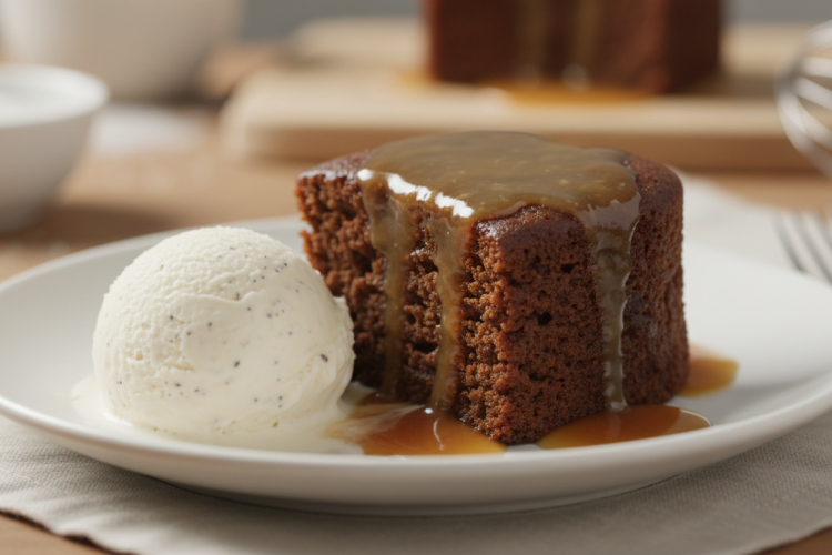Sticky toffee pudding on a plate drenched in warm toffee sauce with vanilla ice cream
