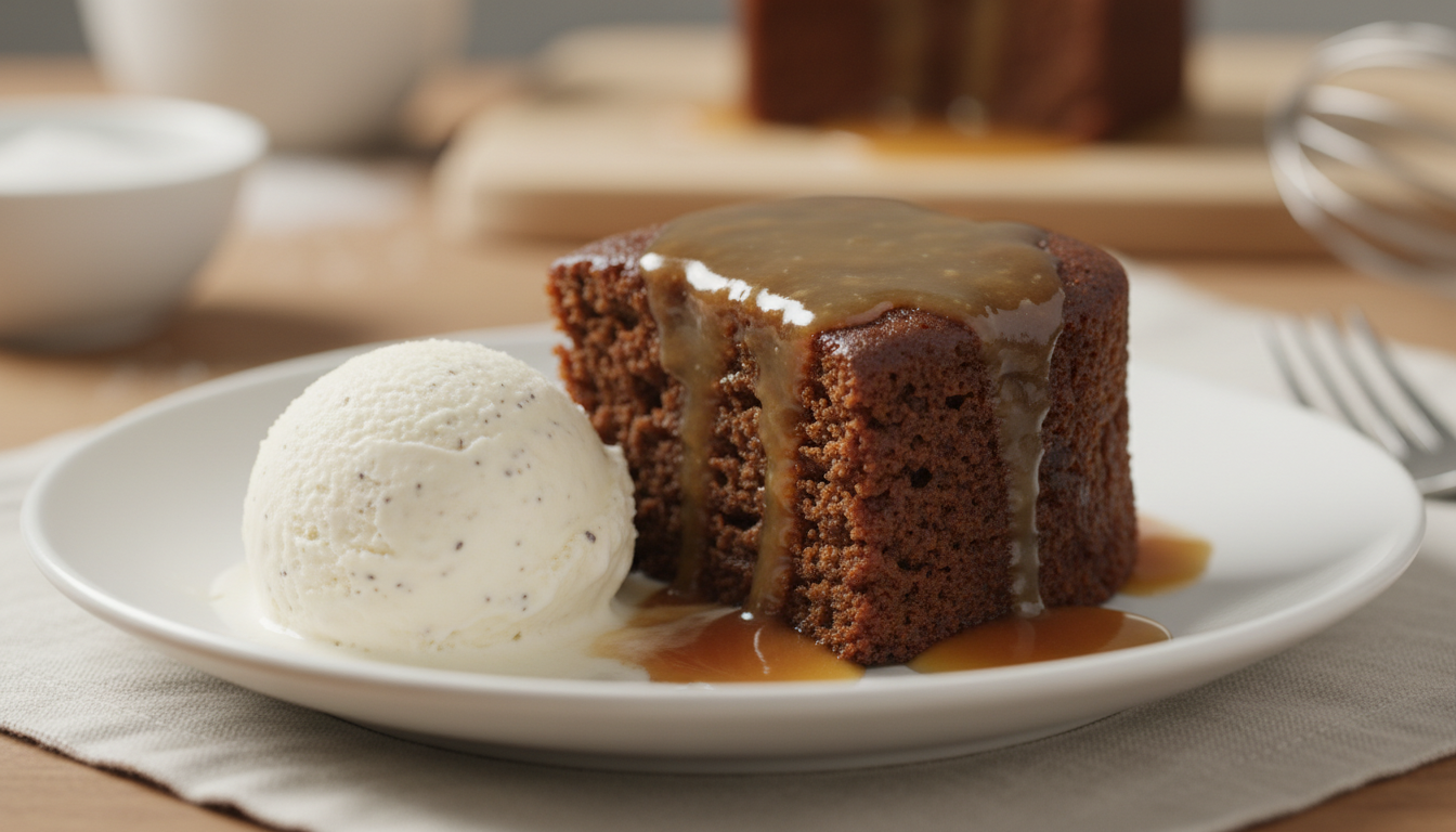 Sticky toffee pudding on a plate drenched in warm toffee sauce with vanilla ice cream