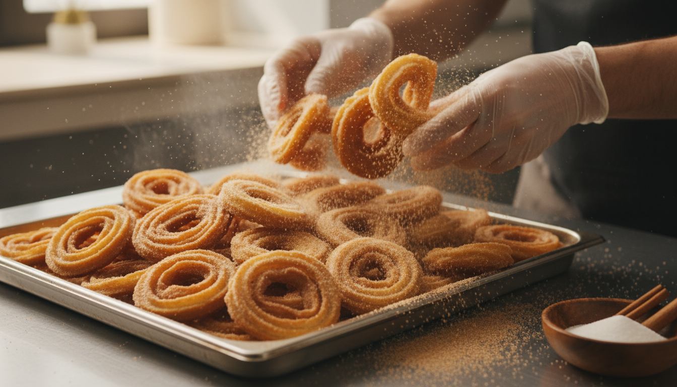 Tossing large batch of warm churros in a big tray of cinnamon sugar