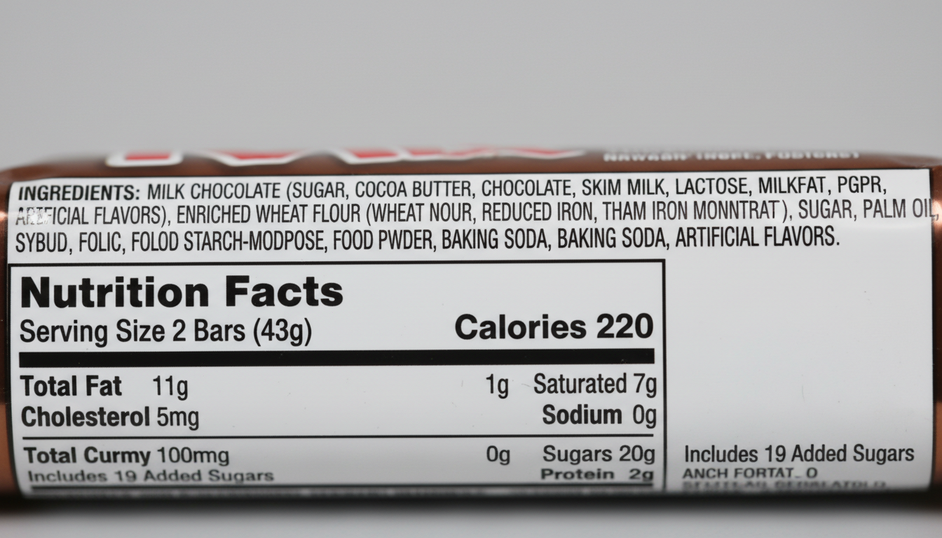 Close-up of Twix candy bar ingredient label showing full ingredients list