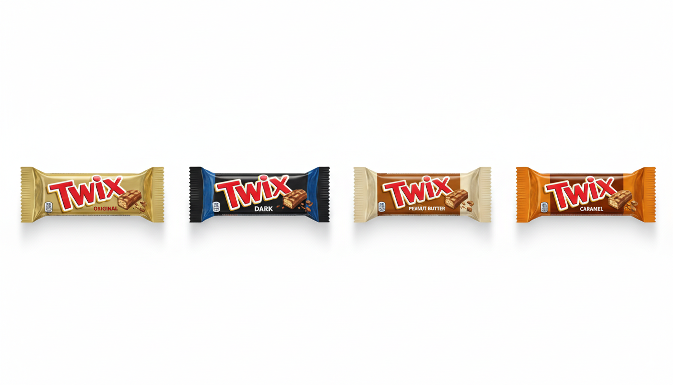 Lineup of Twix varieties: Original, Dark Chocolate, White Chocolate, and Peanut Butter