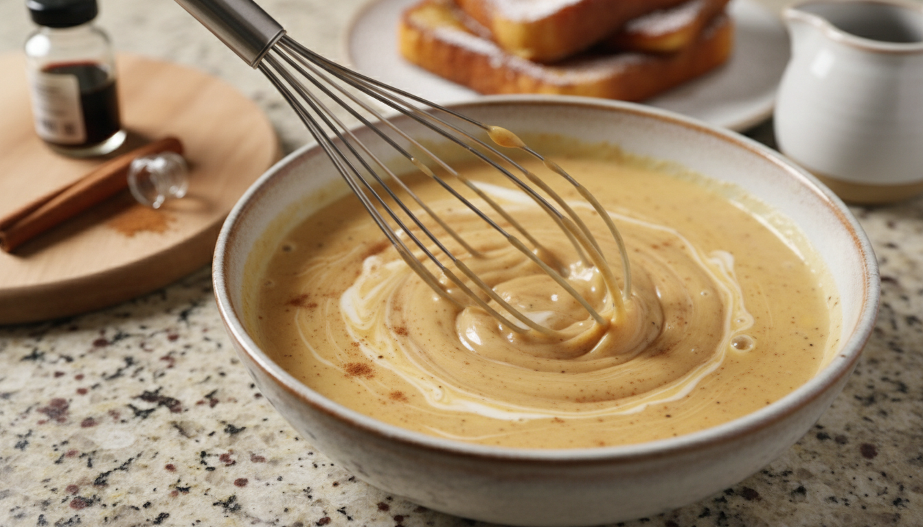 Whisking eggs, cream, cinnamon and vanilla in a shallow bowl for churro French toast batter