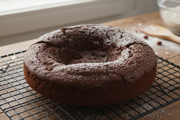 Sunken cake with collapsed center on cooling rack
