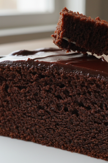 Dense compact chocolate cake slice showing tight gummy crumb texture